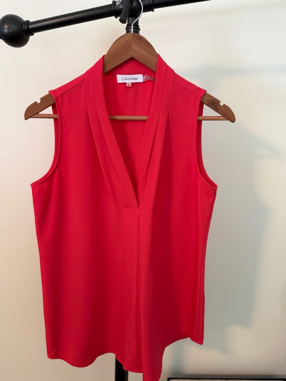 Calvin Klein Sleeveless V-Neck Inverted Pleat Blouse Coral Orange